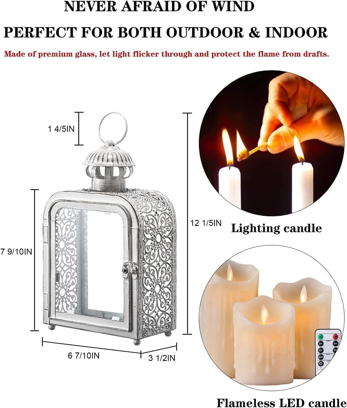 Candle Lantern Decorative Indoor & Outdoor, Vintage Metal Lanterns with Clear Glass, Tabletop&Hanging Candle Holders for Patio Front Porch Home Decor, Halloween Christmas Decorations (White)