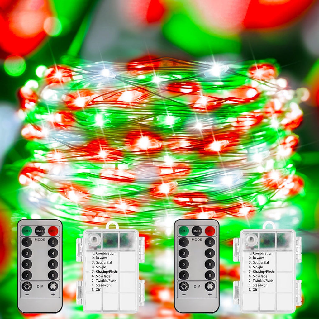 Christmas Lights Red White Green, 2 Pack Total 200LED Copper String Lights Battery Operated Remote Control Fairy Lights for Xmas Tree, Party, Home, Indoor Outdoor Decor