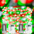 Christmas Lights Red White Green, 2 Pack Total 200LED Copper String Lights Battery Operated Remote Control Fairy Lights for Xmas Tree, Party, Home, Indoor Outdoor Decor