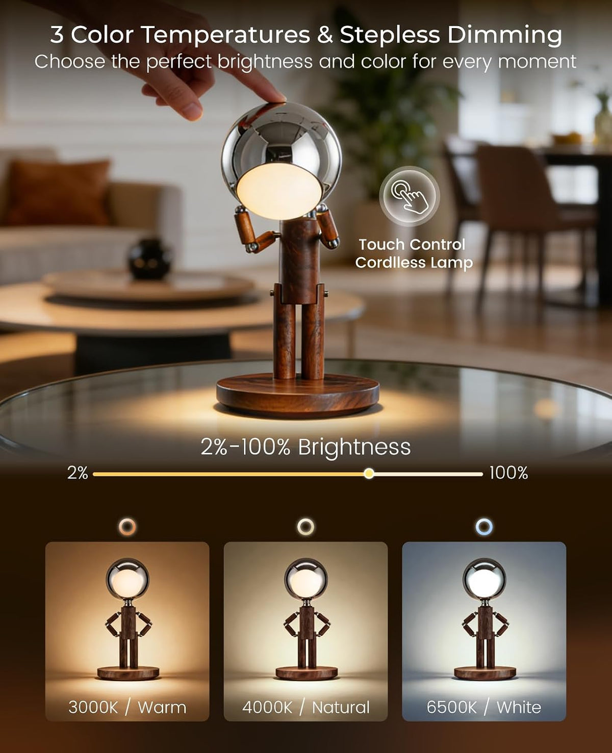 Cordless Table Lamp, Rechargeable Wooden Desk Lamp, Dimmable, Gift