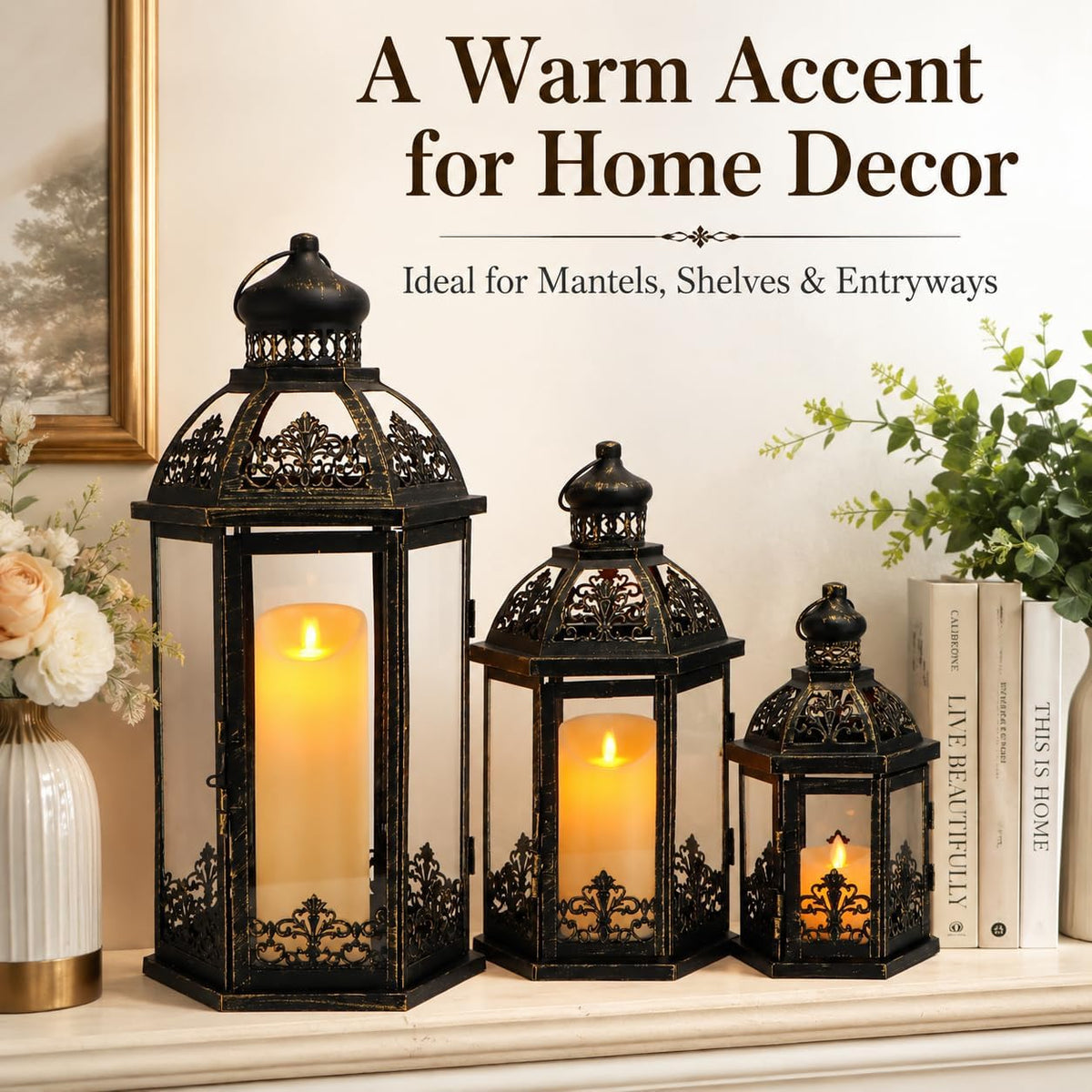 Set of 3 Black & Gold Metal Candle Lanterns, 19/13.5/9.5 in Decorative Hanging Lantern Candle Holders with Tempered Glass Forporch, Patio, Wedding & Home Decor(Black with Gold Brush)