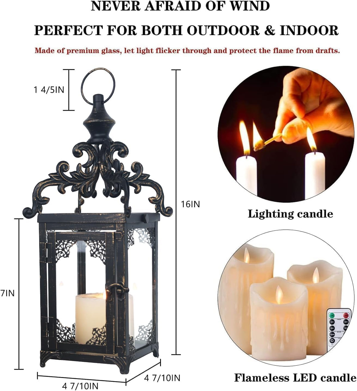 Candle Lantern Decorative Indoor & Outdoor, Large Vintage Metal Hanging/Tablet