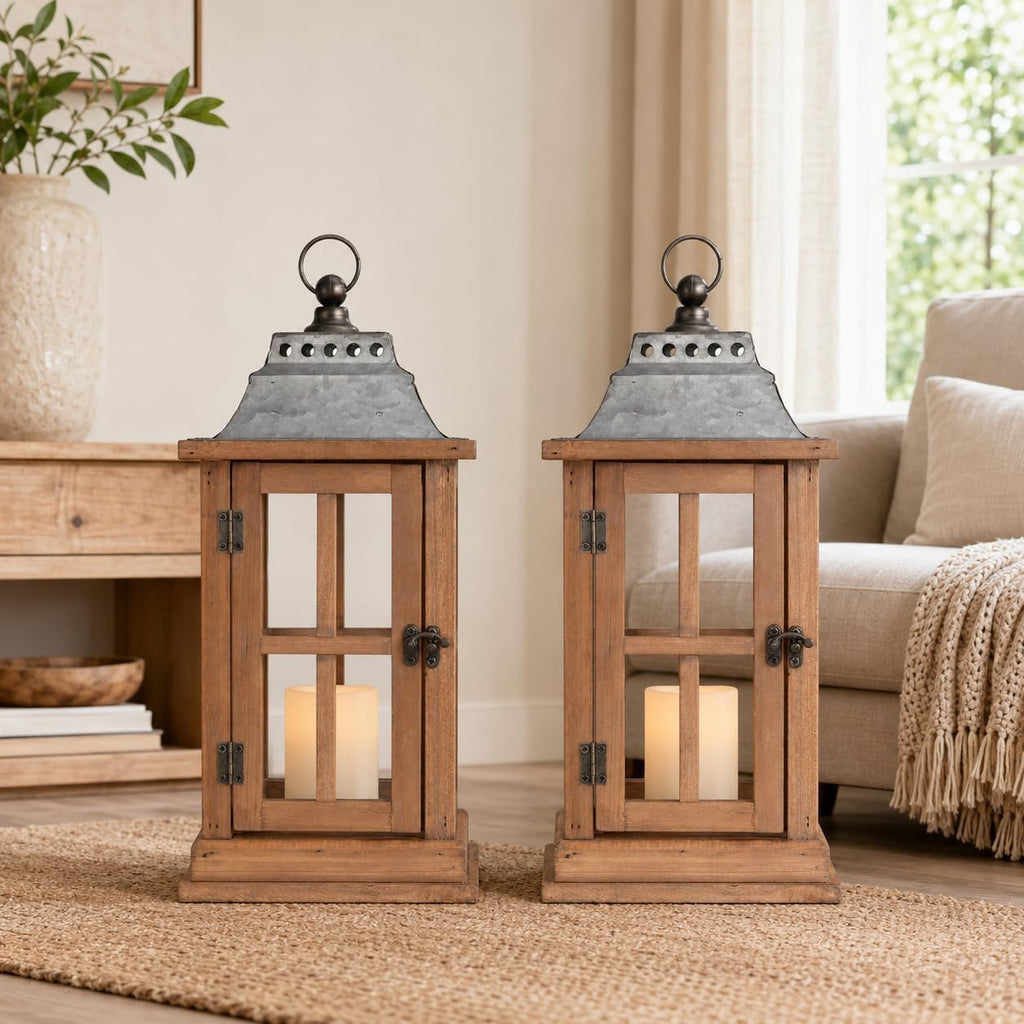 15 Inch Outdoor Decorative Lanterns, Set of 2 Wooden Candle Lanterns