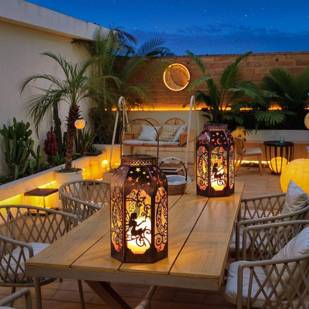LED Metal Bronze Moon Fairy Lantern Garden Stake, Waterproof Flickering Flameless Candle Mission Lights (2-Pack)