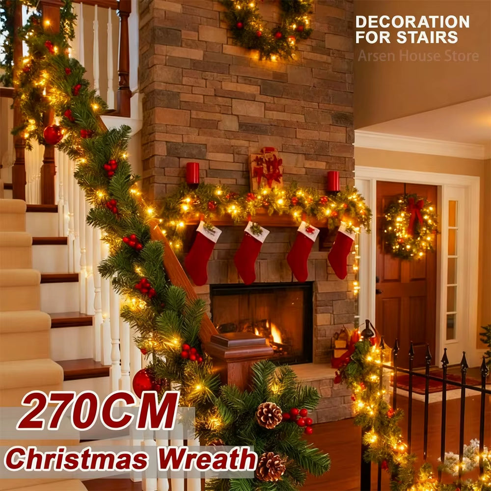 Christmas LED Rattan Wreath Decorative, Christmas Garland Artificial Xmas Tree Rattan Banner Decoration Wreath for Navidad Decor