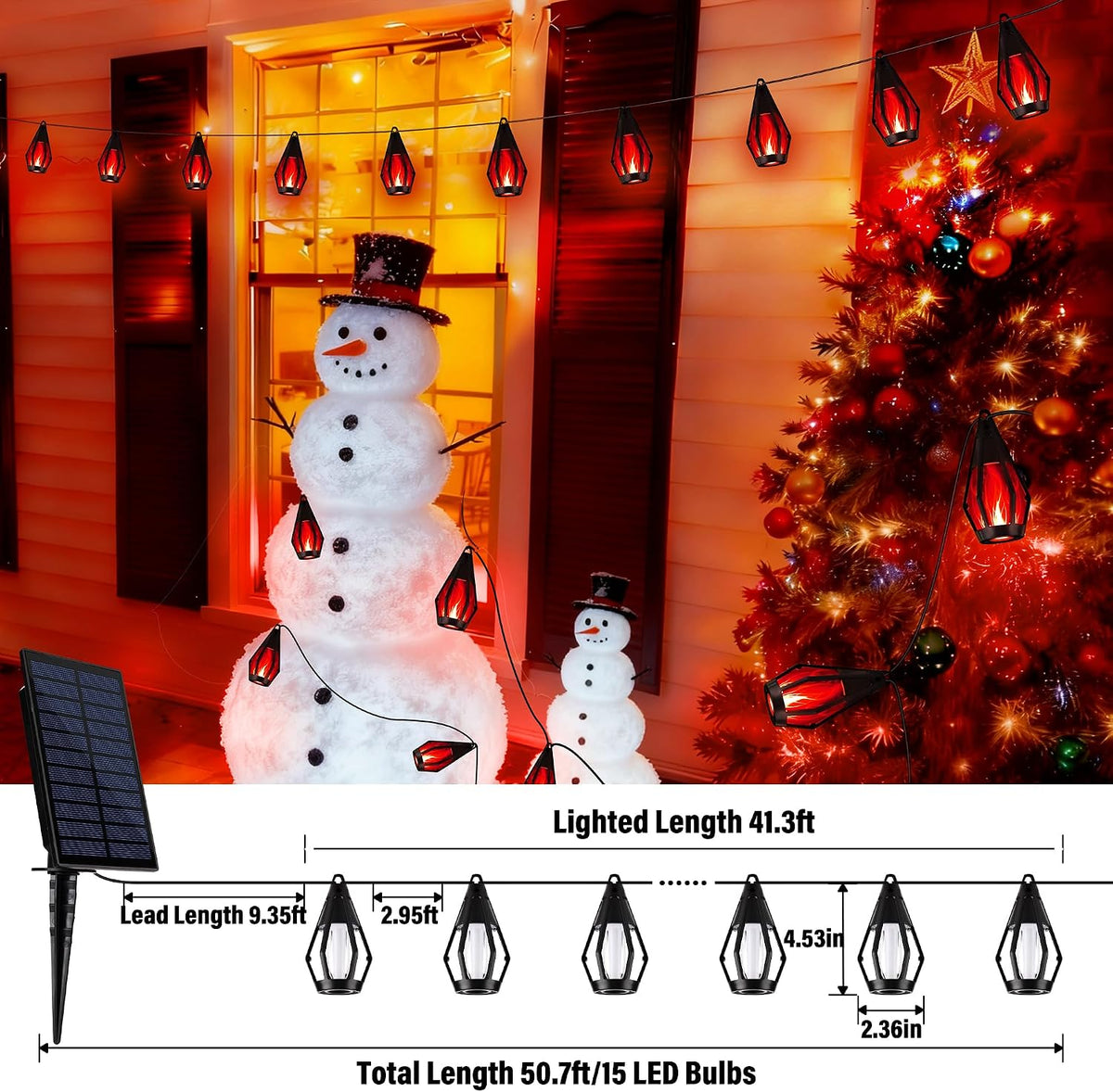 Solar Flame String Lights - 42Ft 15 LED Lights Outdoor Solar String Lights for Garden Patio Christmas Decoration (Red, 42Ft)