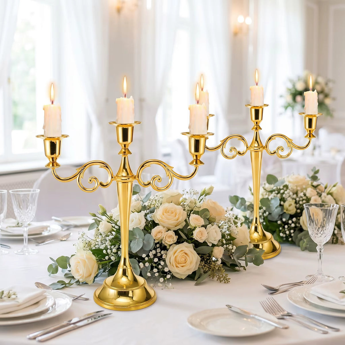Vintage Scroll 3 Arms Candelabra Metal Taper Candle Stand Elegant Table Ornament for Banquet Holiday Wedding Reception Decor