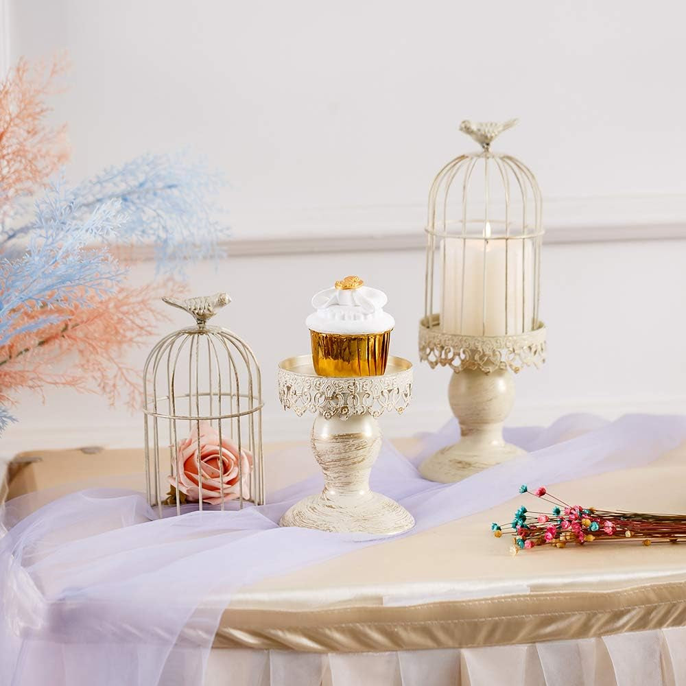Birdcage Candle Holders Decorative Set of 2，Distressed Ivory