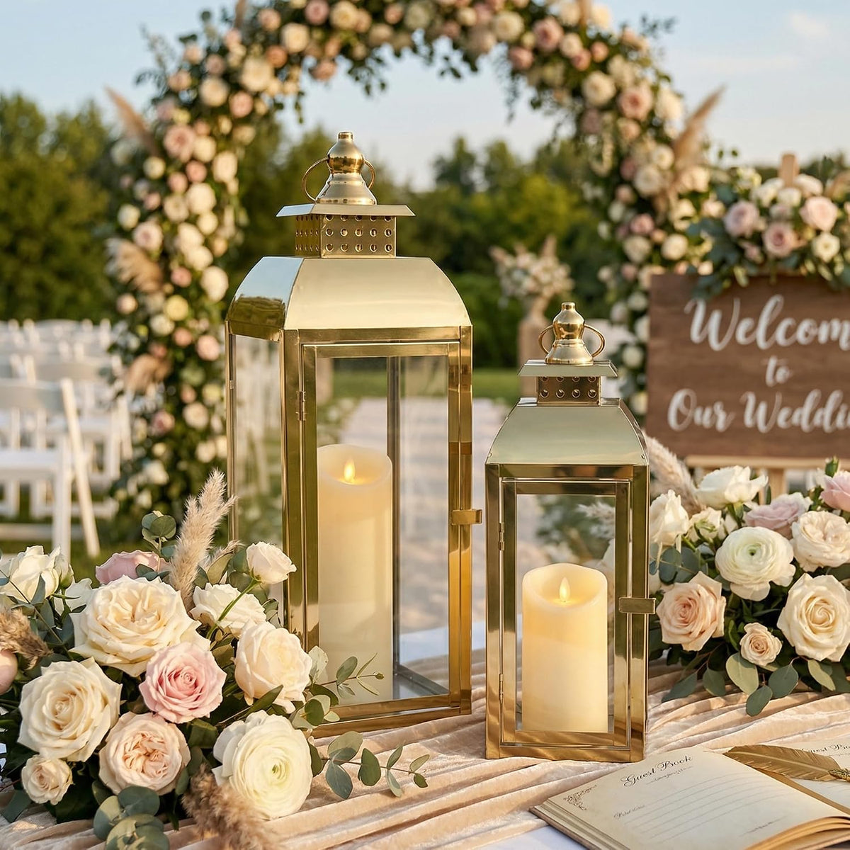 Set of 2 Gold Stainless Steel Decorative Candle Lanterns 20.5"&15" High Metal Candle Lanterns for Indoor Outdoor Events Parities Weddings Vintage Style Hanging Lantern