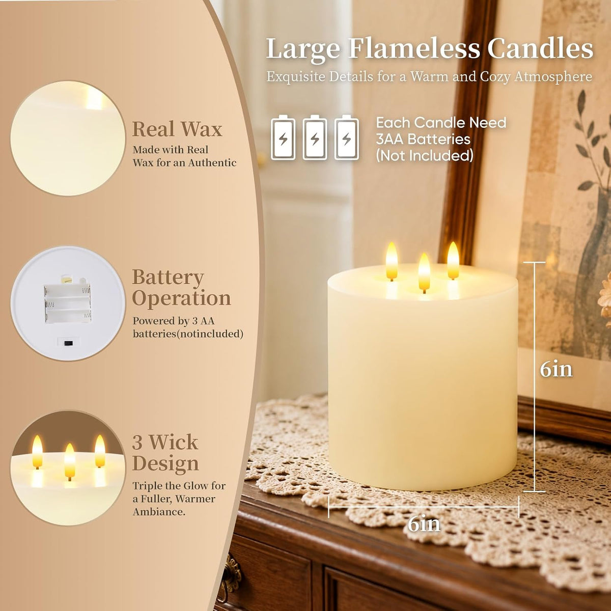 3 Wick Extra Large Flameless Pillar Candles with Timer Remote, Ivory