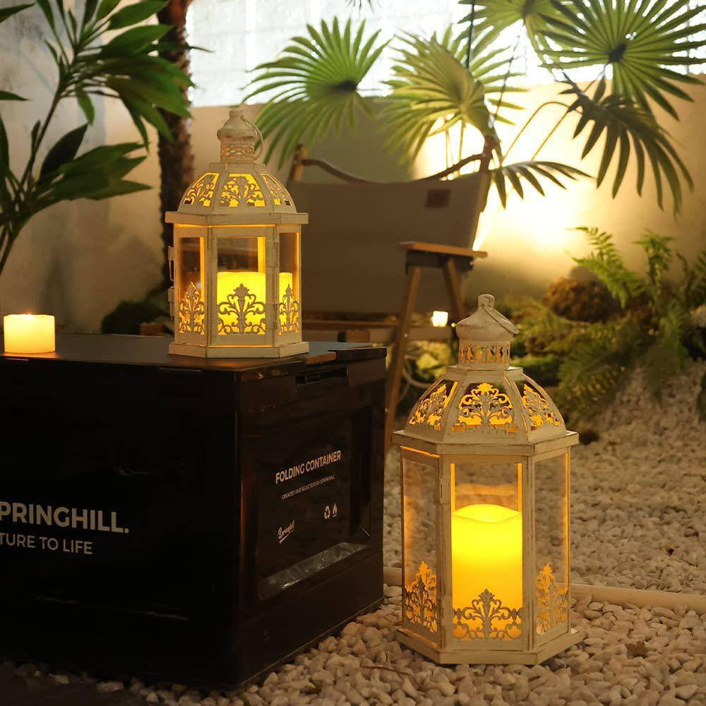 15.5 In. and 11.2 In. H Beige Metal Lanterns Candle Holder Decorative Outdoor and Indoor Lantern Decor with Glass