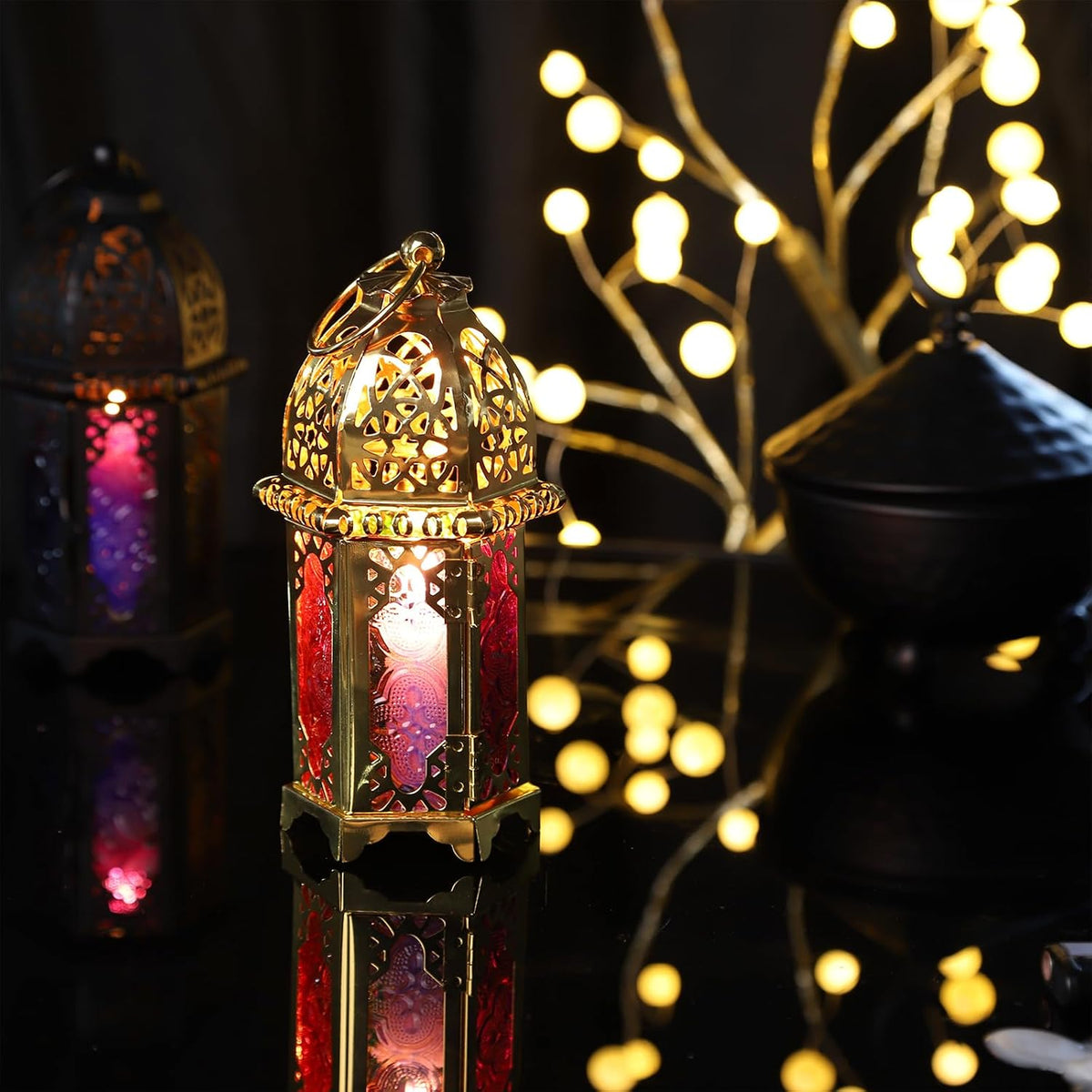 6.7'' Moroccan Lanterns Decorative Indoor & Outdoor Vintage Candle Holder Hanging Tabletop Metal Ramadan Lanterns with Six Color Glasses for Home Patio Porch Decor (Gold)