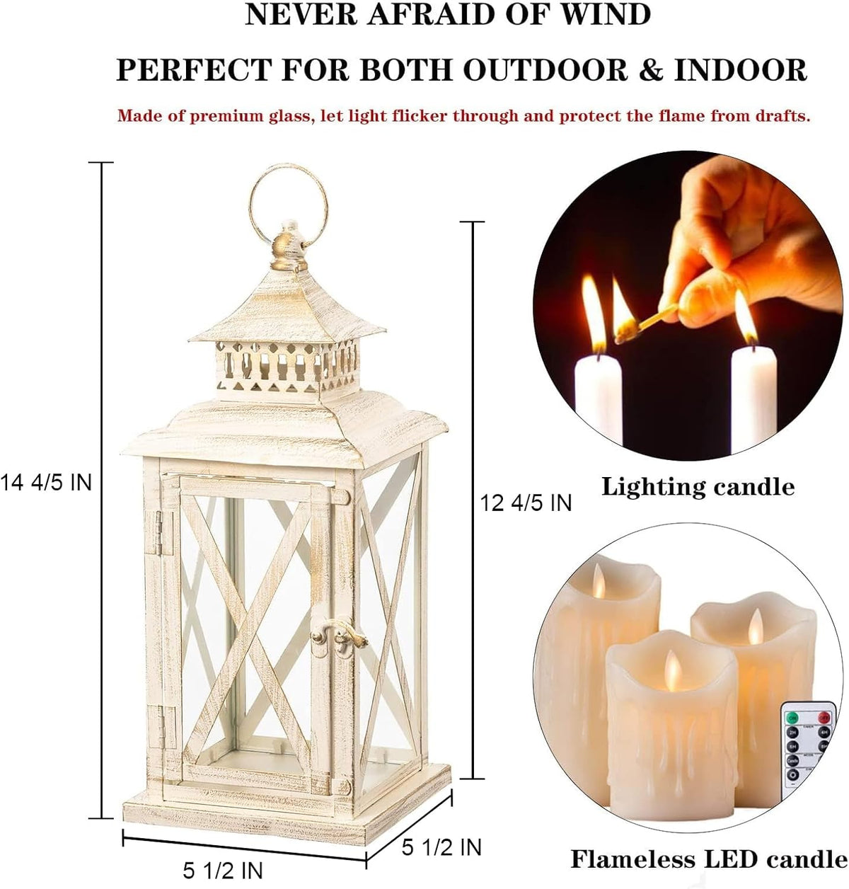 Lantern Decorative Indoor & Outdoor,Large Square Hanging Spring Home Decor, Vintage Metal Decorative Candle Lanterns for Outdoor Patio Wedding Party Beige with Copper Brush