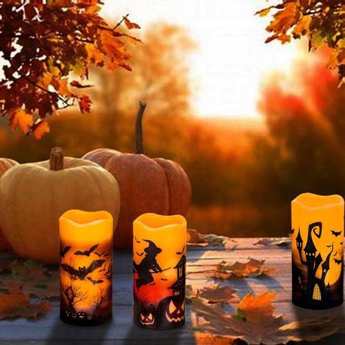 3 PCS Battery Operated Flameless Flickering Candles with 6 Hour Timer, Real Wax Electric LED Halloween Fake Pillar Candles with Castle, Witch, Bats for Indoor Kids Halloween Thanksgiving Decor