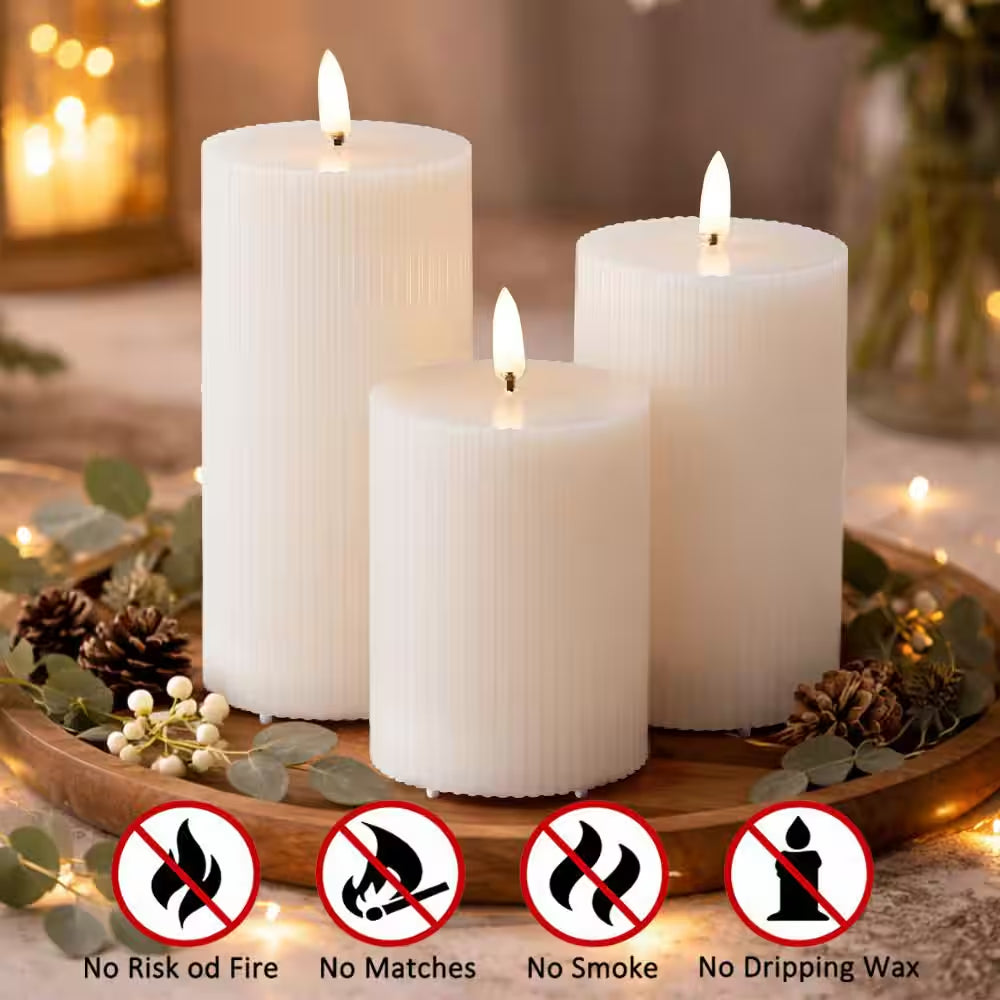 {5/6/7} In. X 3In. White Real Wax Lantern with LED Candle with Remote Control Timer and Dimmable Light (3-Pack)