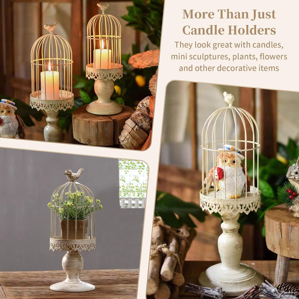 Birdcage Candle Holders Decorative Set of 2，Distressed Ivory