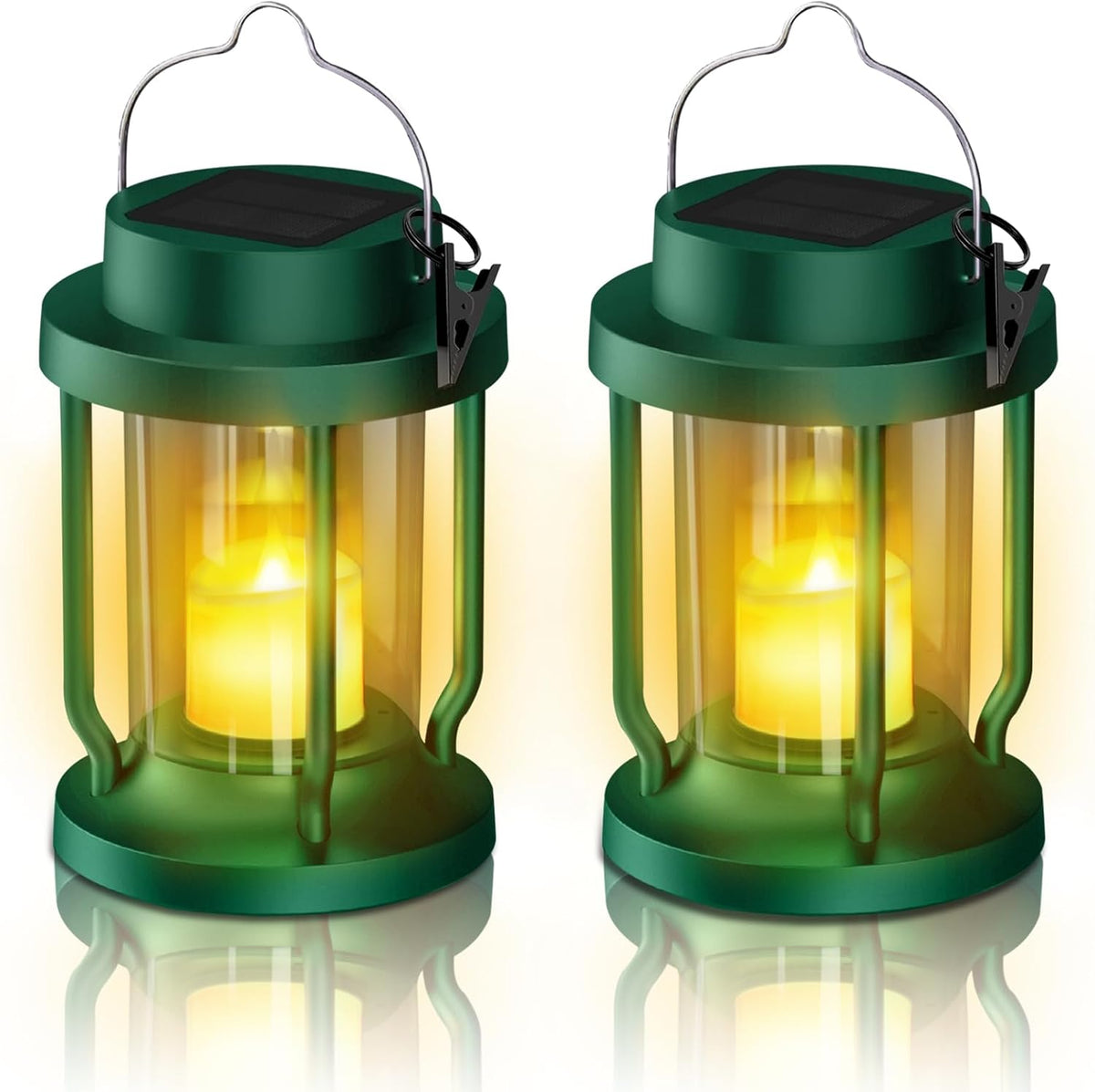 Solar Lantern Outdoor & Indoor Use – Hanging Solar Lights with Realistic Flickering Flameless Candle, Weatherproof for Gardens, Patios, Trees, and Lawns (Green, 2 Pack)