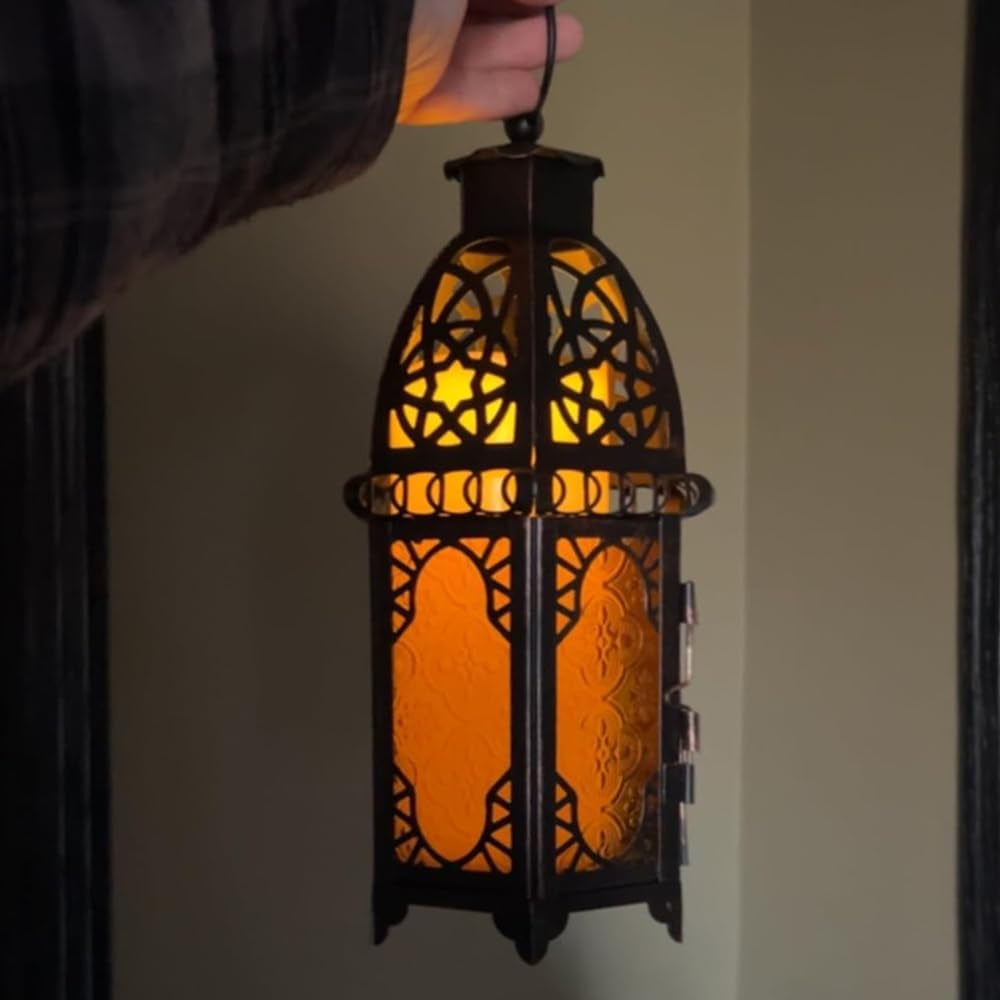 12.8'' Moroccan Lanterns Decorative Indoor & Outdoor, Vintage Christmas Candle Holder, Metal Lanterns Decorative, Table, Patio, Porch, Shelf, Christmas Spring Halloween Home Decor (Amber)