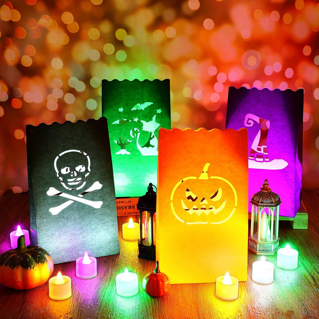 48 Pcs Halloween Luminary Bags with LED Light Candles Set, Novel