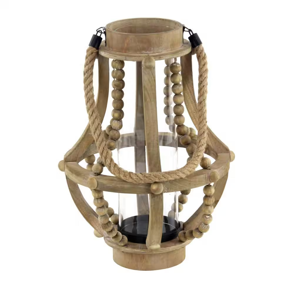 16 In. H Beige Reclaimed Wood Beaded Decorative Candle Lantern