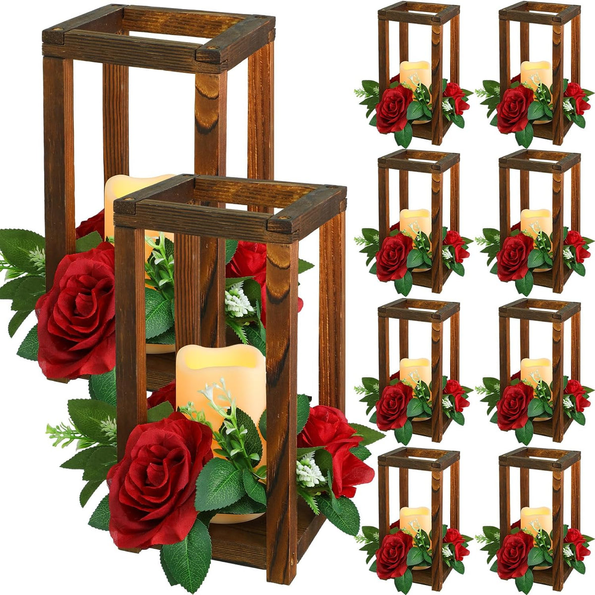 30 Pcs Wooden Wedding Lantern Centerpiece, Red Rose, Brown