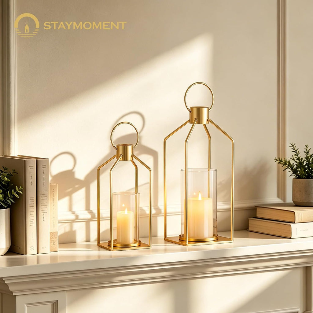Gold Lanterns with Hurricane Glass, Set of 2 for Centerpieces
