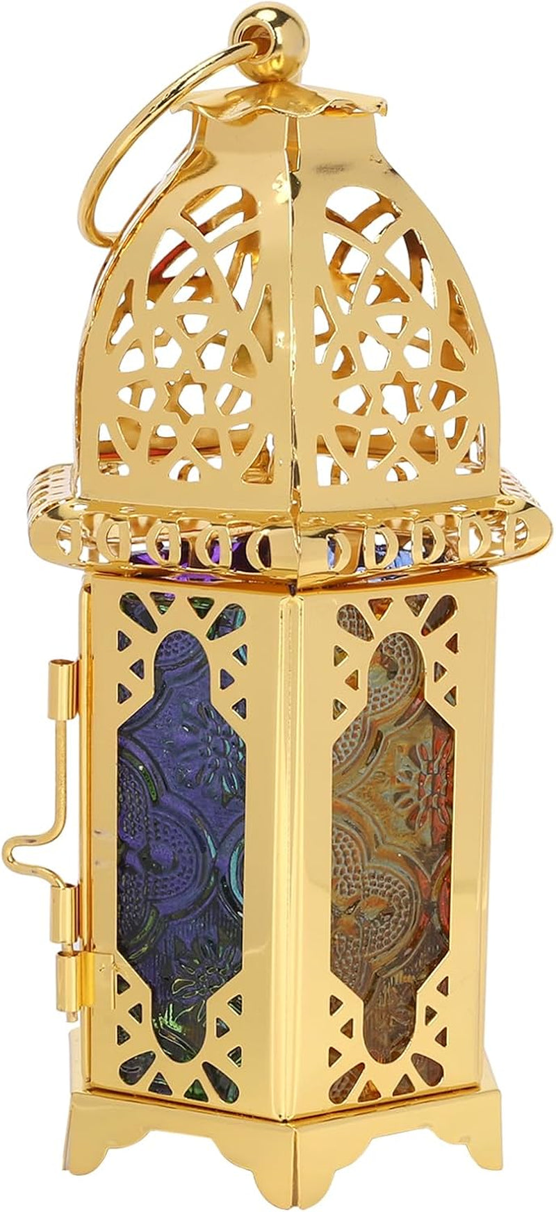 6.7'' Moroccan Lanterns Decorative Indoor & Outdoor Vintage Candle Holder Hanging Tabletop Metal Ramadan Lanterns with Six Color Glasses for Home Patio Porch Decor (Gold)