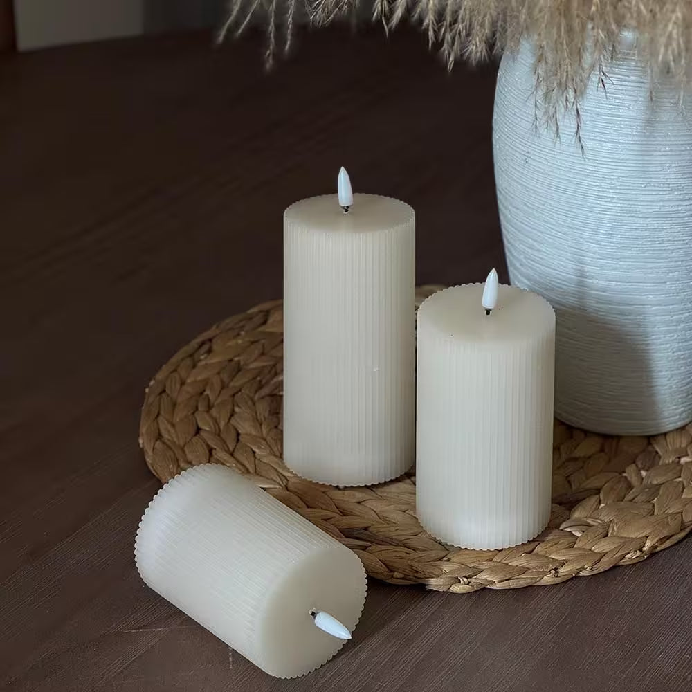 {5/6/7} In. X 3In. White Real Wax Lantern with LED Candle with Remote Control Timer and Dimmable Light (3-Pack)