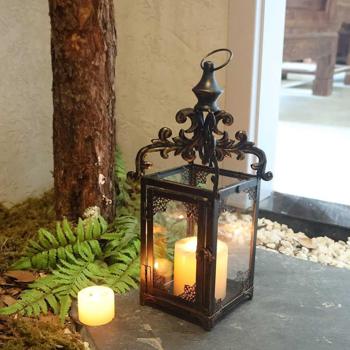 Candle Lantern Decorative Indoor & Outdoor, Large Vintage Metal Hanging/Tablet