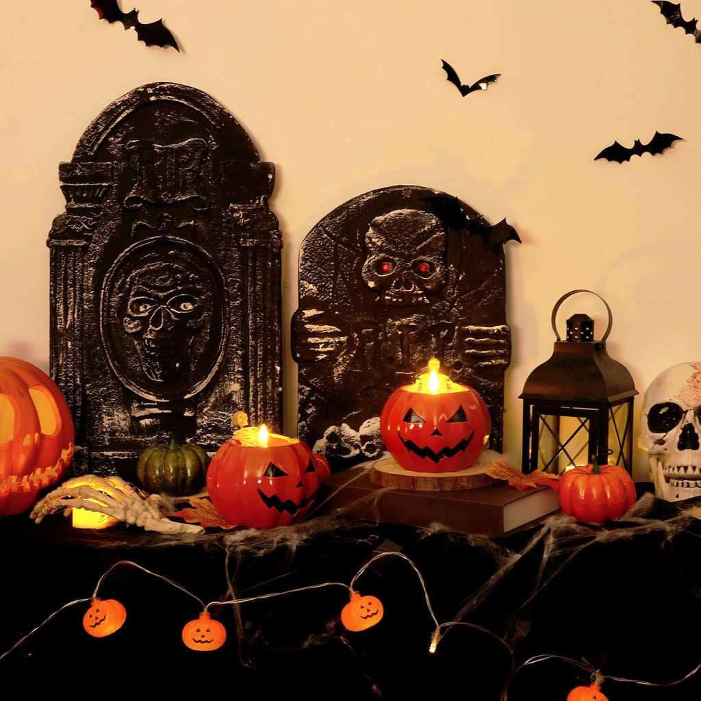 Halloween Flameless Pumpkin Candles, 2Pcs LED Real Wax Pumpkin Lamp with Skeleton, Flickering Battery Operated Candles with Remote for Halloween Decor, Theme Party, Holiday Gift, Orange