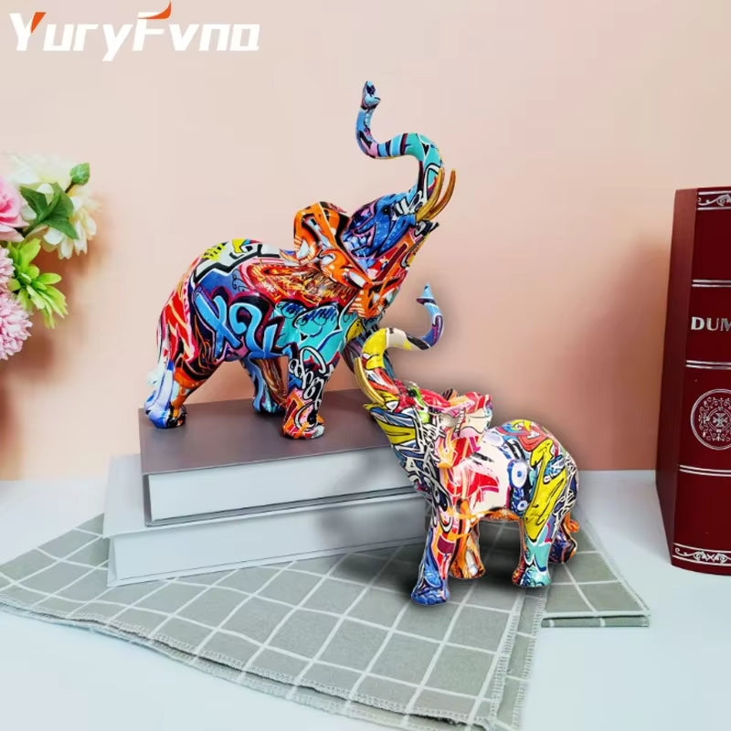 Nordic Painting Graffiti Elephant Sculpture Figurine Art Elephant Statue Creative Resin Crafts Home Decoration