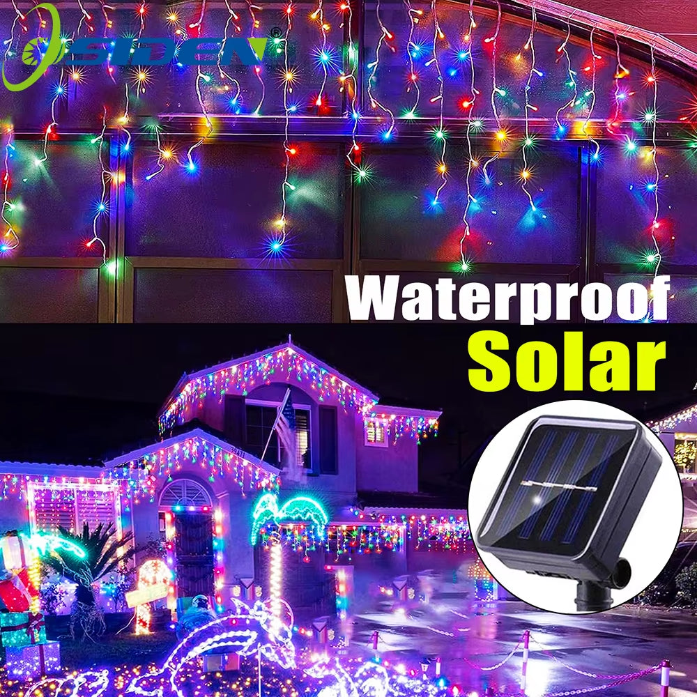 LED Solar Lcicle String Lights Outdoor Curtain Fairy Lights 8 Modes Christmas Landscape Lights Party Garden Decoration Light