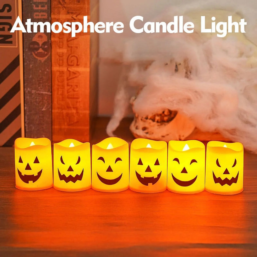 6 Pcs Halloween Pumpkin Candles, Halloween Tea Lights Candles, Battery Powered LED Lights with Warm, Flameless Candle for Home outside Yard Lawn Garden