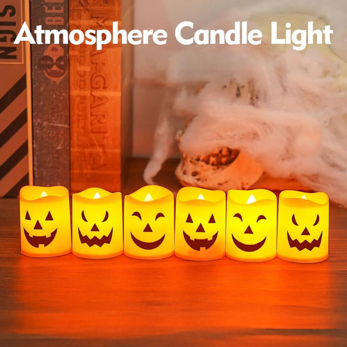 6 Pcs Halloween Pumpkin Candles, Halloween Tea Lights Candles, Battery Powered LED Lights with Warm, Flameless Candle for Home outside Yard Lawn Garden