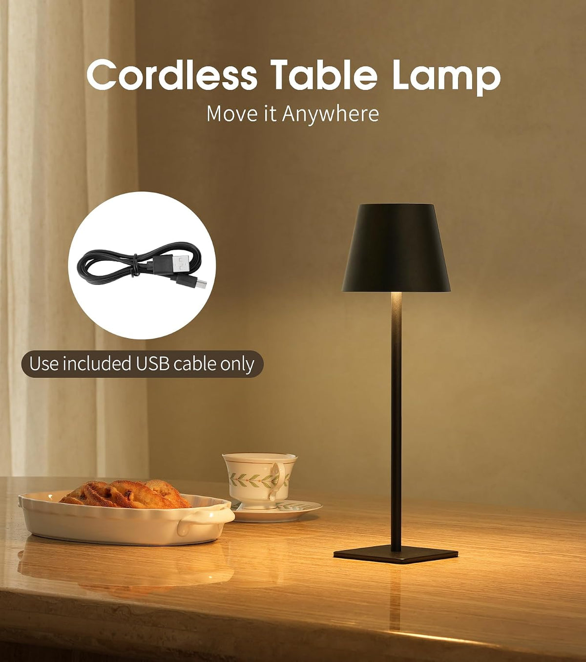 3 Pack Cordless Table Lamp, Battery Operated Lamp - Portable Waterproof Rechargeable Table Lamp W/ 3 Color Temps & Stepless Dimming for Dinner, Desk, Cafe, Outdoor (Black)