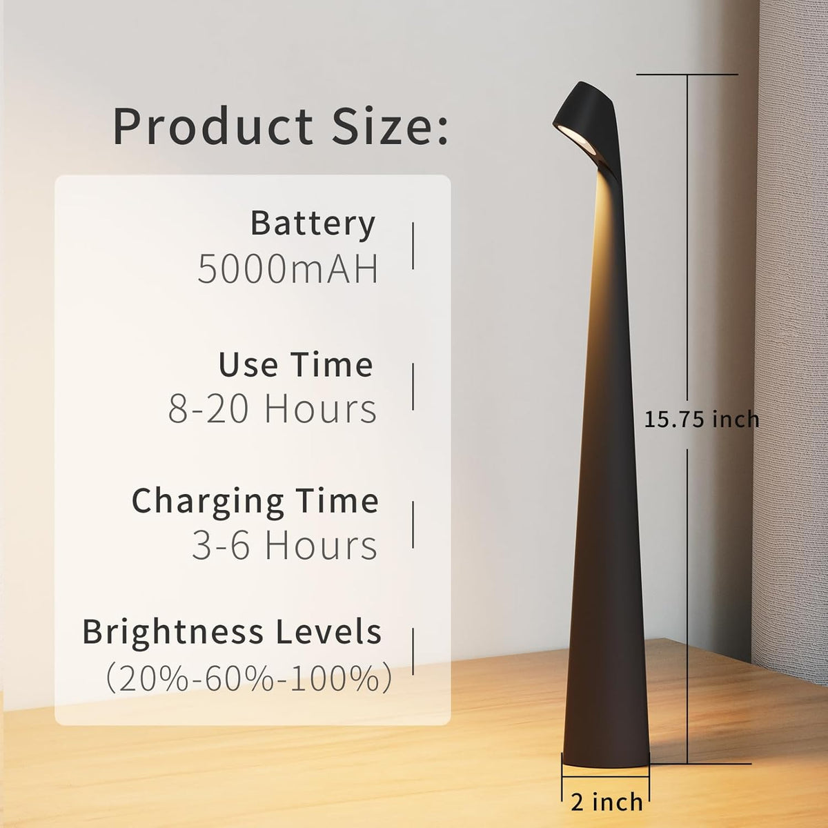 Cordless Rechargeable Reading Metal Table Lamp, 3-Level Brightness