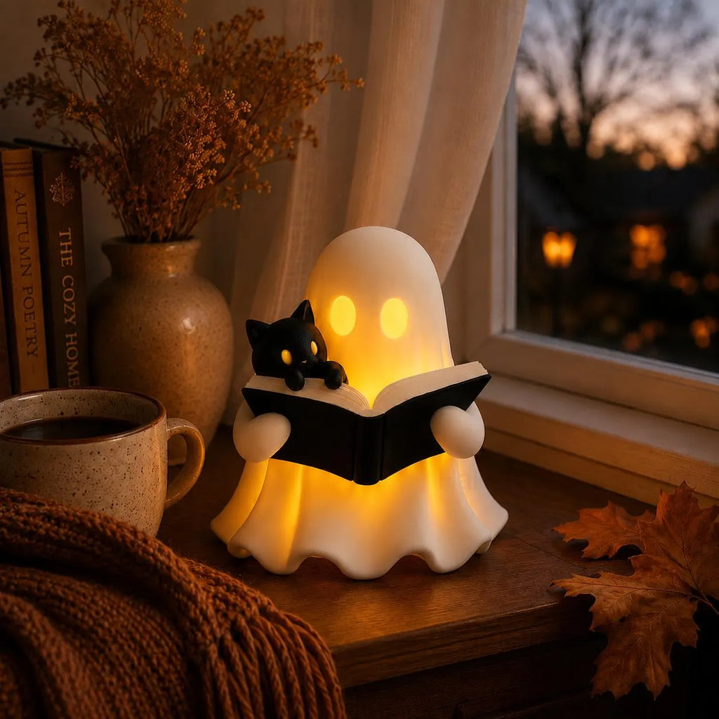 3D Printed Ghost Reading Book Figurine – Cozy Cat, LED Tealight Decor