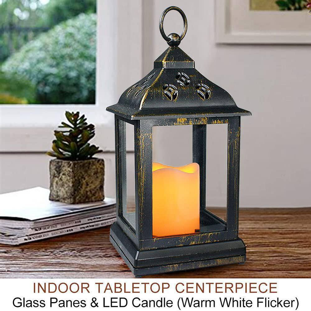 9.5 In. Vintage Decorative Candle Lantern with LED Flickering Flameless Candle, Indoor Hanging Lanterns, Bronze (2-Pack)