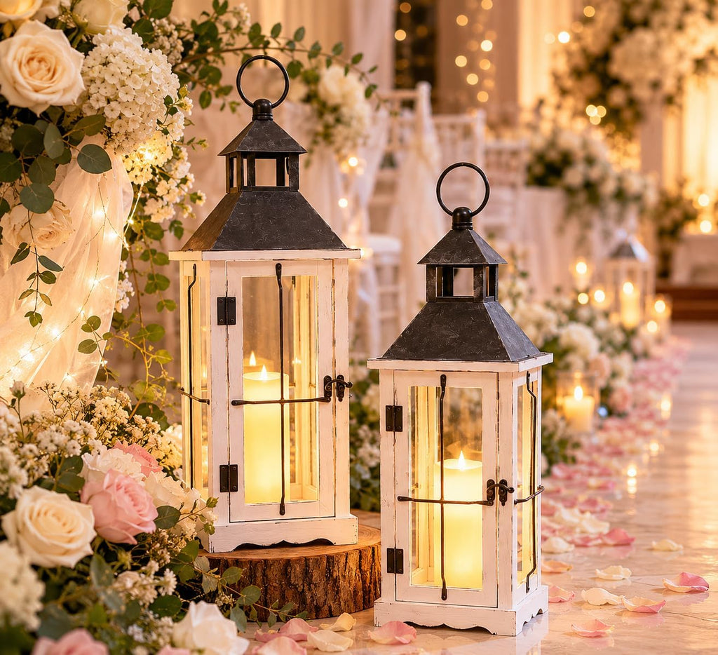 26 Inch White Wooden Decorative Lanterns with LED Candles Set of 2