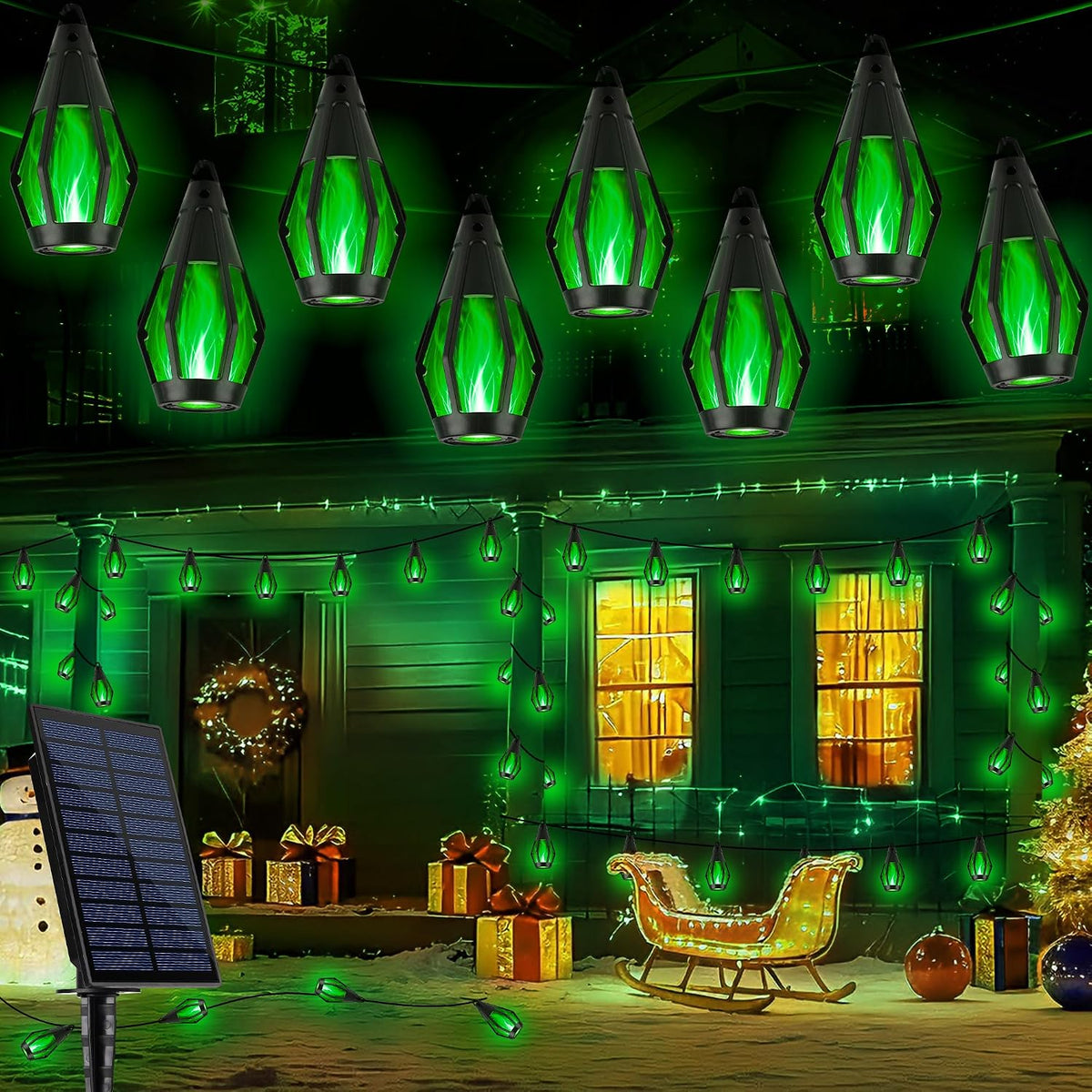 Solar Flame String Lights - 42Ft 15 LED Lights Outdoor Solar String Lights for Garden Patio Christmas Decoration (Green, 42Ft)
