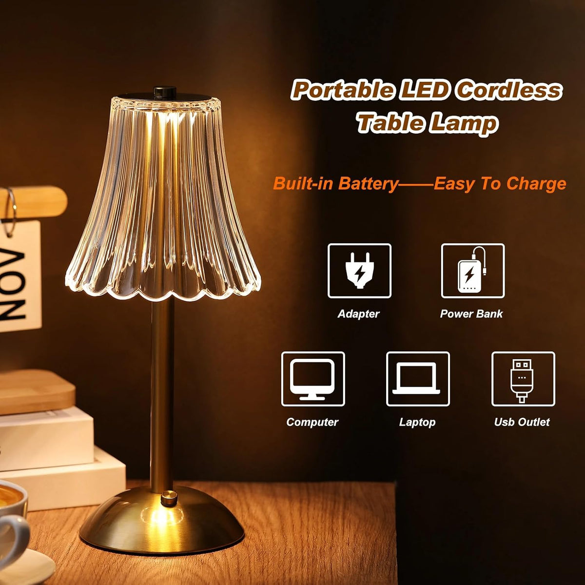 1 Pcs Cordless Table Lamp LED Touch, Gold, Rose Style