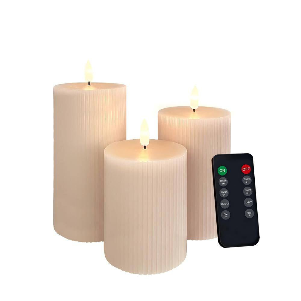 {5/6/7} In. X 3In. White Real Wax Lantern with LED Candle with Remote Control Timer and Dimmable Light (3-Pack)