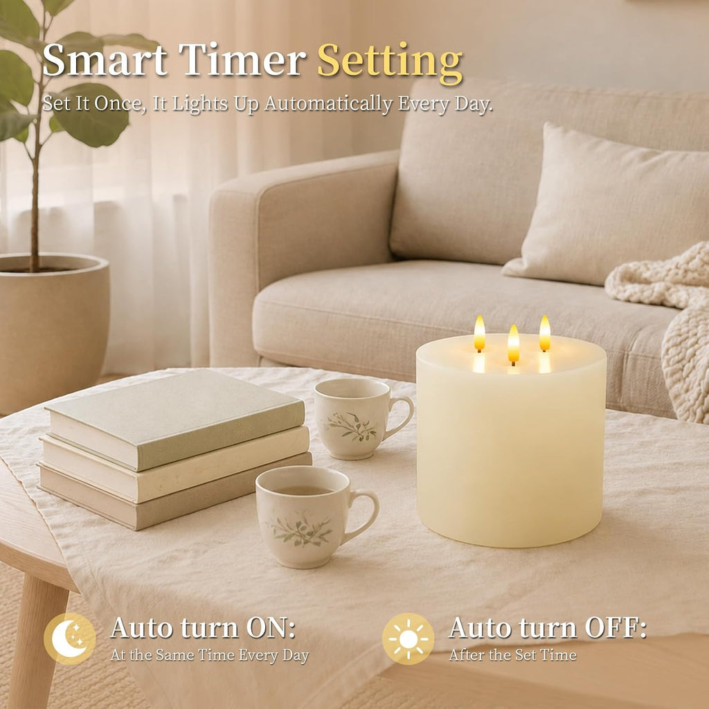 3 Wick Extra Large Flameless Pillar Candles with Timer Remote, Ivory