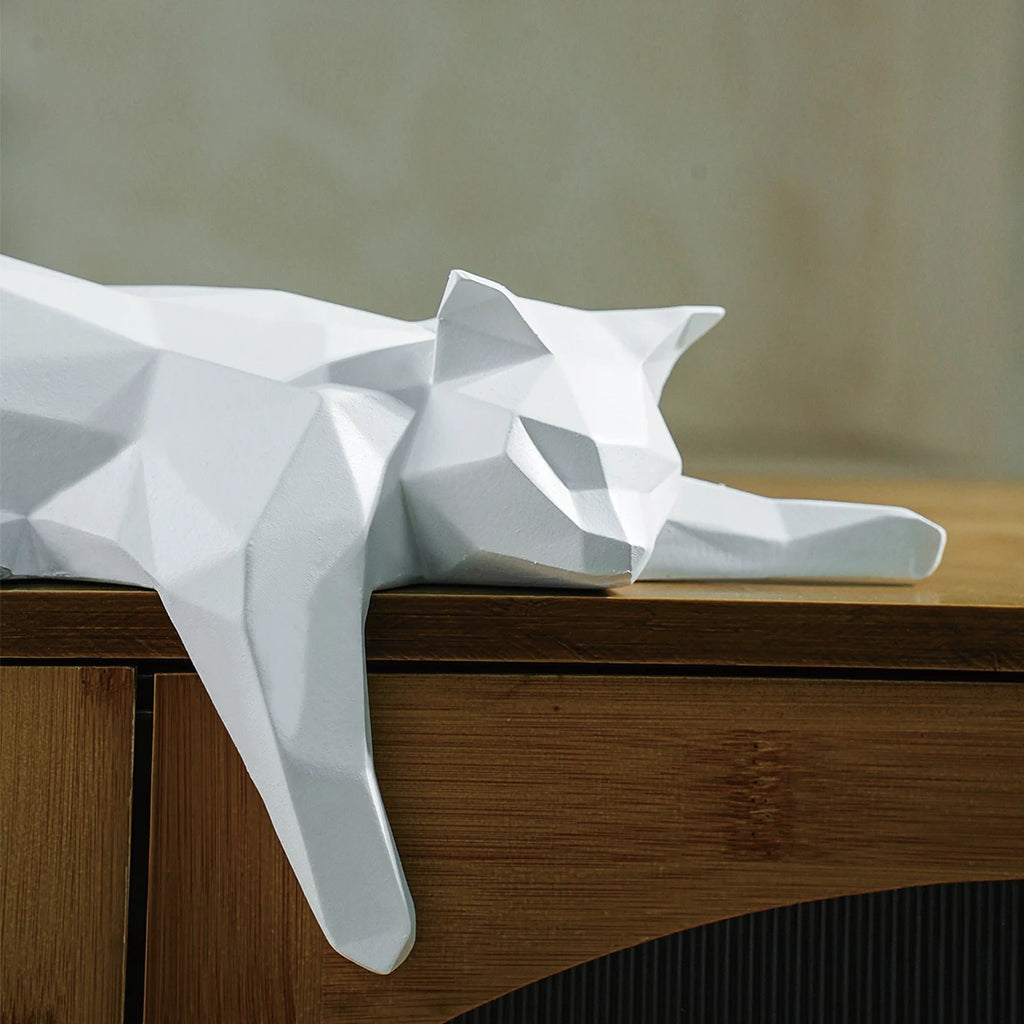White Black Cat Statue - Geometric Modern Room Decor Figurine Sculpture for Home Office as Table Shelf Desk Decor Lying Cat