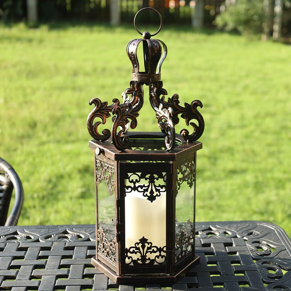 Large Lanterns Decorative Outdoor, 17.7" Black Lanterns Decor Indoor with Tempered Clear Glass, Vintage Metal Hanging Candle Holder for Patio, Front Porch, Table, Wedding, Shelf