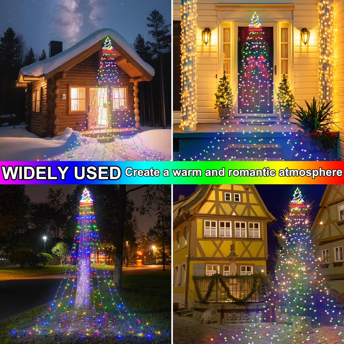 12Ft 350 LED Waterfall Christmas Lights Outdoor Decoration Twinkle Solar Christmas Tree String Lights with Top Star Xmas Holiday Garden Yard Decoration, Multicolor