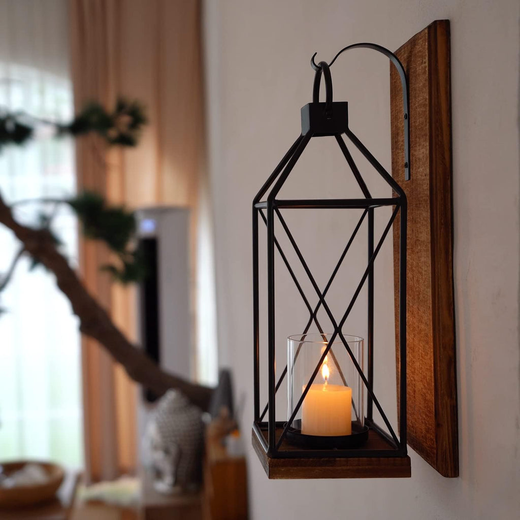 Wall Candle Sconces Set of 1, Rustic Wood Holders with Glass Decor
