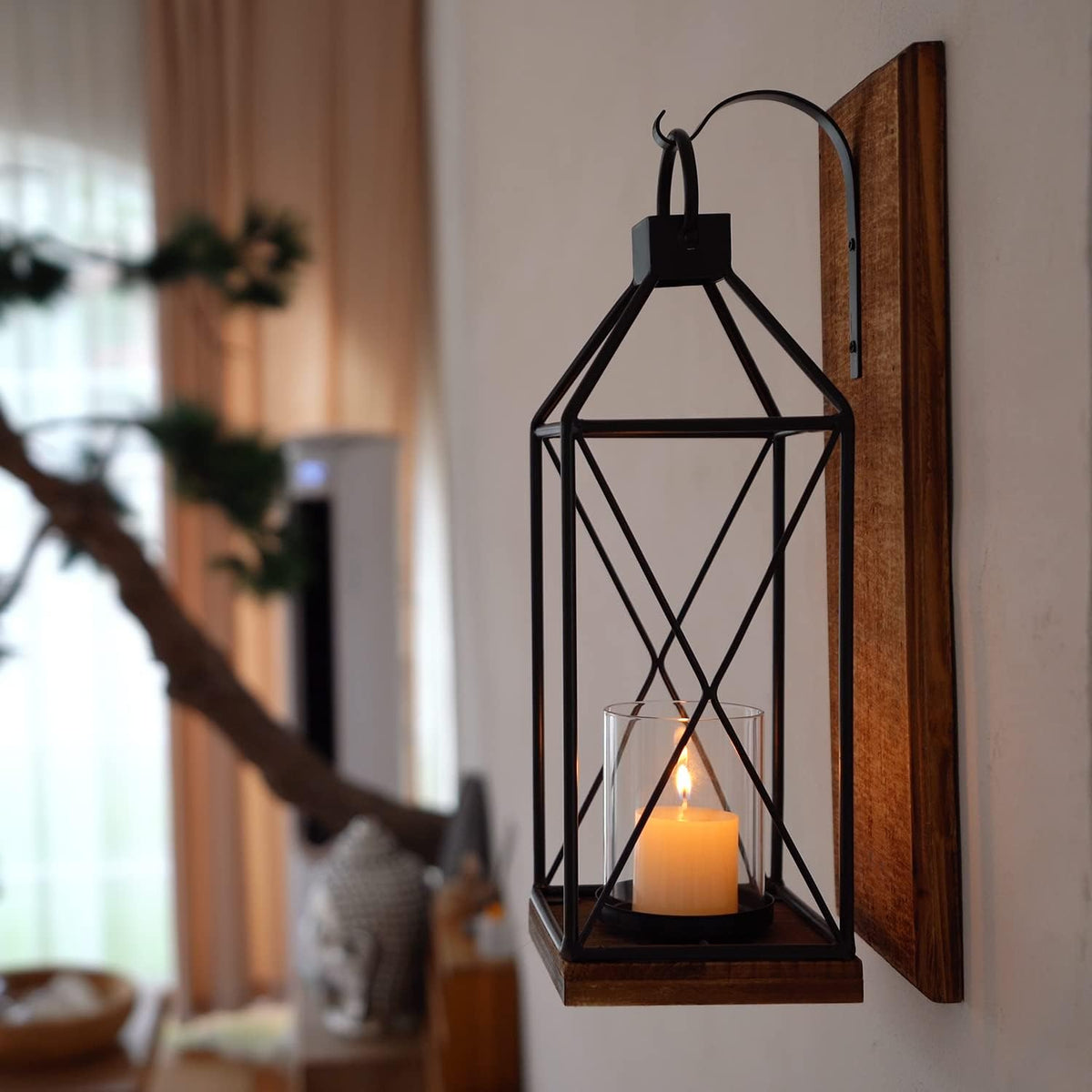 Wall Candle Sconces Set of 1, Rustic Wood Holders with Glass Decor