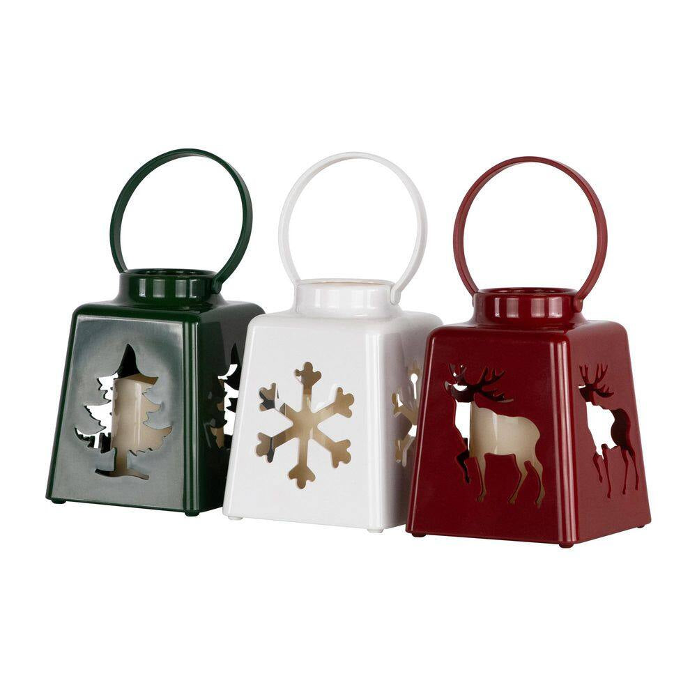 LED Lighted Tree Snowflake and Reindeer Christmas Candle Lanterns-8"-Set of 3