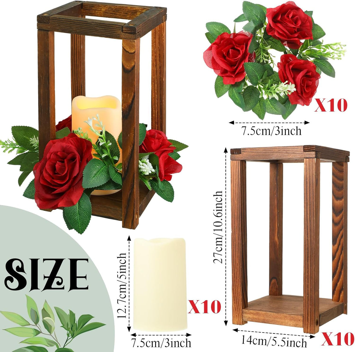 30 Pcs Wooden Wedding Lantern Centerpiece, Red Rose, Brown